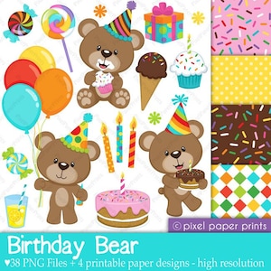 Birthday Bear - Clipart and Digital paper set - Digital Download - First Birthday - Party Clipart - Printables - Bear clipart