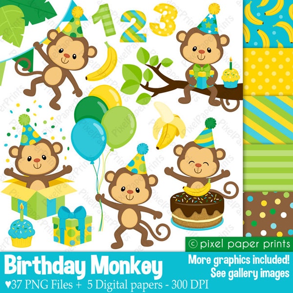 Birthday Monkey - Clipart and Digital paper set - Monkey clip art - Birthday clipart - Digital Download