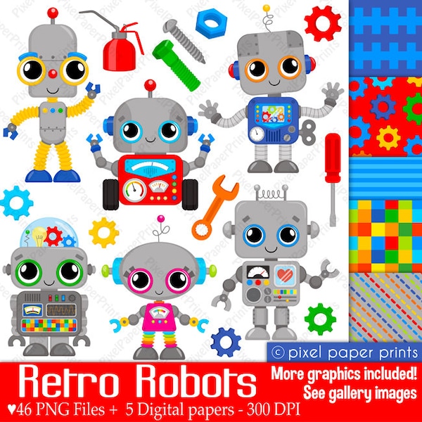 Robot clipart - RETRO ROBOTS - Clip art and Digital Paper Set - Robot clipart