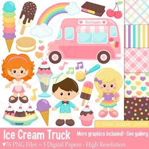 Ice cream Truck Clipart - Clip Art and Digital paper set - Icecream clipart - Digital download