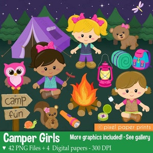 Camping Clip Art - Camper Girls - PNG Files - Digital Images to create your own designs - High Resolution