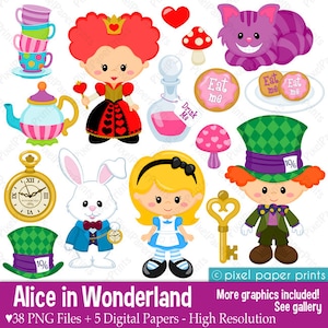 Alice in Wonderland Part 1 - Alice clipart - Clip Art and Digital paper set - Alice in Wonderland Party - Digital download
