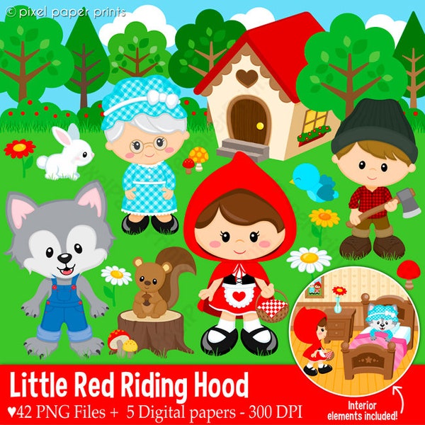 Little Red Riding Hood - clipart - Clip Art and Digital paper set - Digital download