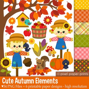 May include: A set of 34 digital clipart images featuring cute autumn elements, including scarecrows, pumpkins, squirrels, acorns, leaves, and more. The images are in a cartoon style and are perfect for crafting, scrapbooking, and other creative projects.