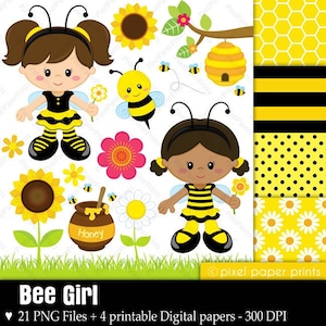 Bee Girl - Clip art and digital paper set - Digital Download - Spring clipart - Bee clip art - Digital Stickers