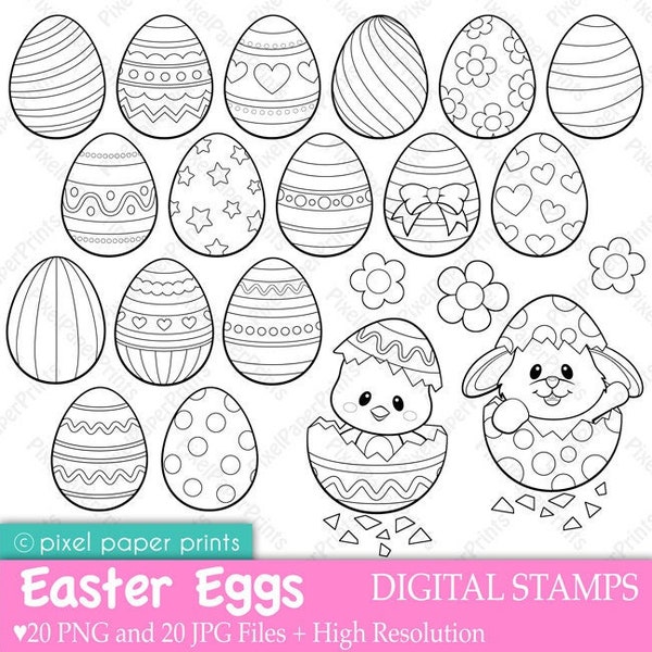 Easter Eggs Clip Art - Digital Stamps - PNG and JPG - Create coloring pages, worksheets, scrapbook, cards, crafts and more