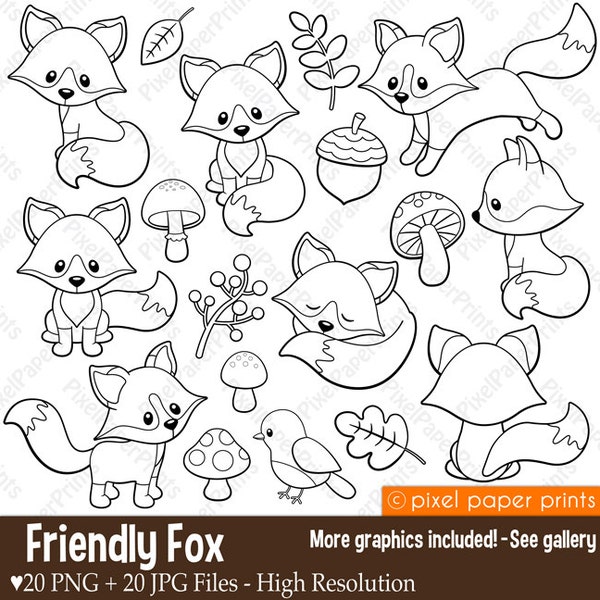 Friendly Fox - Digital stamps - Fox stamps - Line art, Digital Download