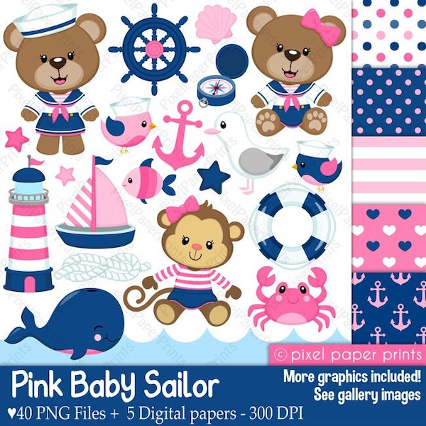 Pink Baby Sailor - Clip art and digital paper set - Nautical clipart