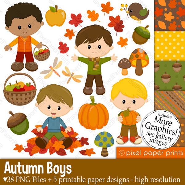 Autumn Boys - Fall Clipart - Clip Art and Digital paper set - Digital Download