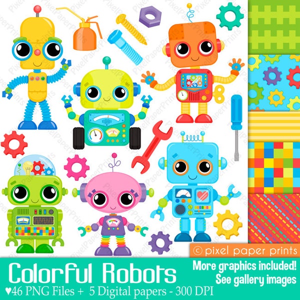 Colorful Robots - Clip art and Digital Paper Set - Robot clipart - Digital Download