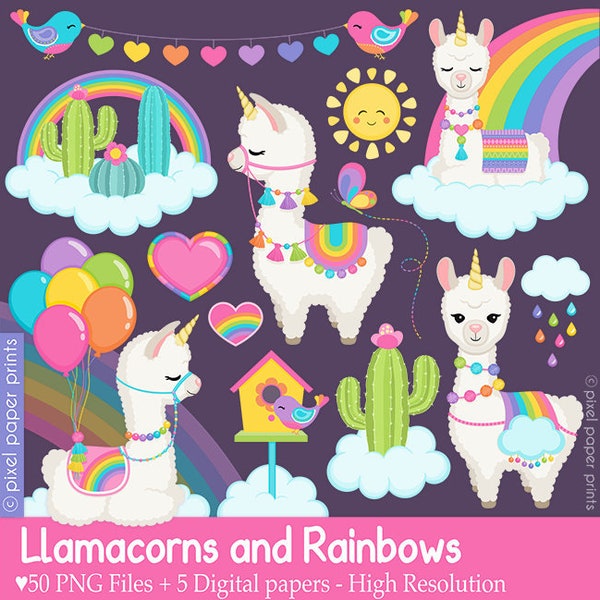 Llamacorns and Rainbows clipart - Unicorn Llamas - clipart - Alpaca Clip Art - Digital