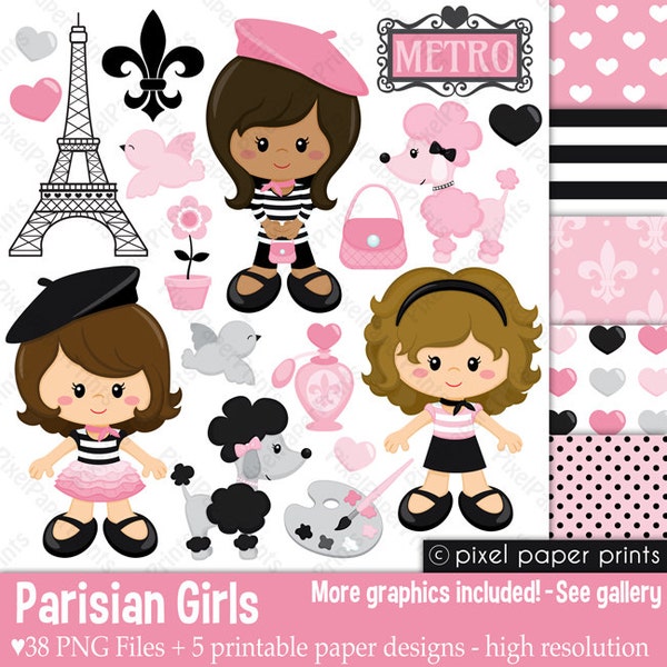 Paris clipart- PARISIAN GIRLS - Clip art and digital paper set - digital download