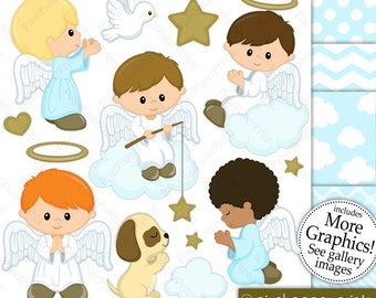 May include: A set of 90 digital clip art images featuring blue and white angels, stars, clouds, a dove, and a puppy. The images are perfect for scrapbooking, card making, and other craft projects.