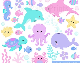 Cute Sea Animals Clipart - Sea creatures clip art - Digital Download - Ocean animals - Digital stickers