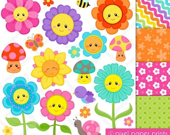 Flower clipart - FLOWER FRIENDS - Digital paper and clip art set - Flower clipart - Digital Download