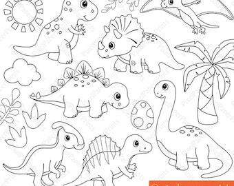 Dinosaurs - Digital stamps - Dinosaur Clip Art - Cute Dinosaurs - Coloring graphics - Line Art - Digital Download