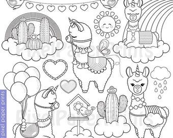 Llama Unicorn Digital Stamps, Alpaca Stamps, Line Art