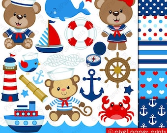 Nautical clipart - Clip art and digital paper set - Baby sailor - Digital download