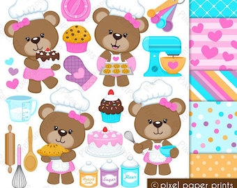 Baker Bear - Clipart and paper set - Baking clip art - Baking Supplies - Baking utensils - Digital Download