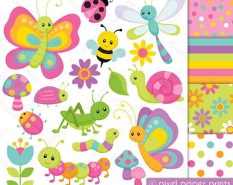 Cute bugs - Clipart and Digital Paper Set - Digital Download - Digital Stickers