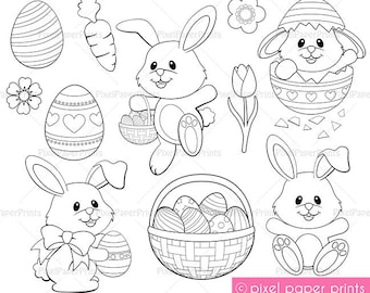 Könnte beinhalten: Schwarz-weiße digitale Stempel mit Osterhasen, Eiern, Körben und Blumen. Die Hasen halten Körbe mit Eiern, sitzen in Eierschalen und halten ein einzelnes Ei. Die Stempel sind perfekt, um Ihren Bastelarbeiten und Projekten einen Hauch von Frühling zu verleihen.