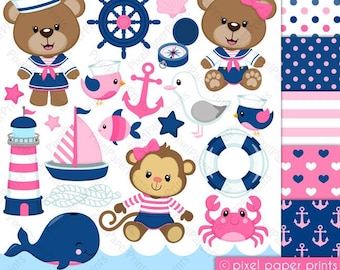 Pink Baby Sailor - Clip art and digital paper set - Nautical clipart