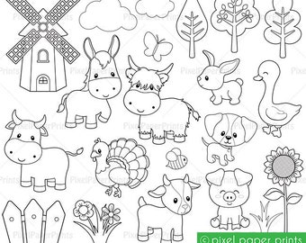 Farm Animals - Digital Stamps - Clip art - Line Art - Digital download