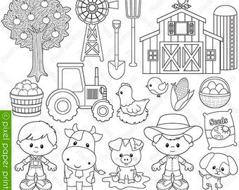 May include: Black and white line art illustrations of farm animals, a tractor, a barn, a windmill, a farmer, a cow, a pig, a chicken, a dog, a basket of eggs, a bag of seeds, and corn. The illustrations are suitable for use as digital stamps.