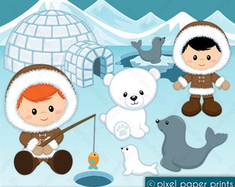 Arctic Kids - Digital paper and clip art set - Digital Download