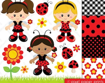 Ladybug Girl - Digital paper and clip art set - Ladybug clipart - Digital Download