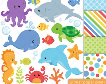 Sea animals clipart - Sea animals NEUTRALS - Clip art and digital paper set - Digital download