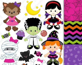 Może przedstawiać: Zestaw 15 cyfrowych obrazów clipart przedstawiających dziewczyny w strojach halloweenowych, takich jak czarownica, wampir, mumia, wilkołak i Frankenstein. Zestaw zawiera również nietoperza, babeczkę, cukierki, czaszkę i skrzyżowane kości, a także trzy drukowane wzory papieru z motywem pajęczyny, chevronu i gwiazd.