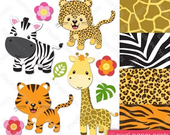 Cute Animals Clip Art - Leopard, Tiger, Giraffe, Zebra - Animal Print Pattern - Digital Paper - Digital Download - Printable Graphics