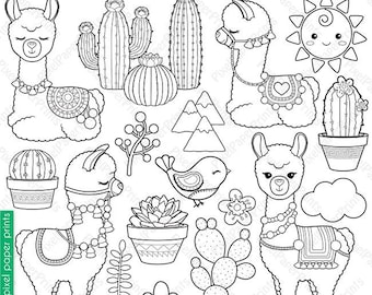 Llama Digital Stamps  - Clip Art -  Line art graphics to create coloring pages, worksheets, crafts & more - PNG and JPG formats - Printable