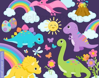 May include: A set of 72 digital clip art images featuring dinosaurs and rainbows. The images include a variety of dinosaurs, including a stegosaurus, a triceratops, a brachiosaurus, and a pterodactyl. The images also include rainbows, clouds, flowers, and a sun.