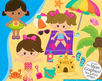 Girls at the Beach Clipart - Clip Art and Digital paper set - Digital Download