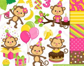 Monkey Clip art - BIRTHDAY MONKEY GIRL - Clipart and Digital paper set - Digital download