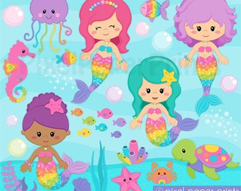 Cute Mermaid Clipart - Rainbow Mermaid - PNG Files - Digital - Printable graphics for crafts, digital design, heat transfer & more