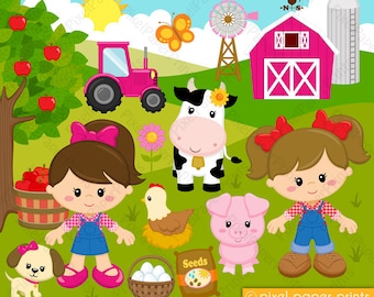 Farmer girls - Farm clipart - Clip Art and Digital paper set