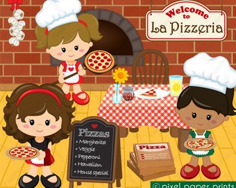 La Pizzeria Girls - Clip art and digital paper set - Pizza party clipart - Digital Download