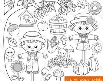 Puede incluir: Sellos digitales en blanco y negro con lindos elementos de otoño, que incluyen un espantapájaros, una ardilla, un pájaro, un hongo, un girasol, una calabaza, maíz y manzanas en una cesta. El texto "Cute Autumn Elements" y "Digital Stamps" está incluido en la imagen.