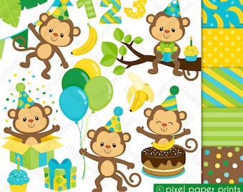 Birthday Monkey - Clipart and Digital paper set - Monkey clip art - Birthday clipart - Digital Download