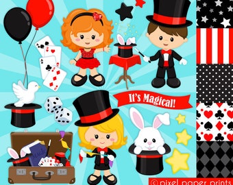 Magician Clip Art - Digital Images - Printable Graphics for party decorations, scrapbooking, cards, transfer on clothes, sublimation & more