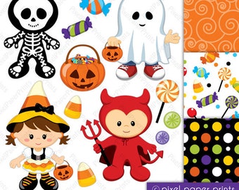 Może przedstawiać: Zestaw 12 cyfrowych obrazów clipart przedstawiających różne postacie z Halloween, w tym szkielet, ducha, czarownicę, diabła i dynię. Obrazy są w stylu kreskówkowym i idealnie nadają się do tworzenia ozdób, kartek i dekoracji na Halloween.
