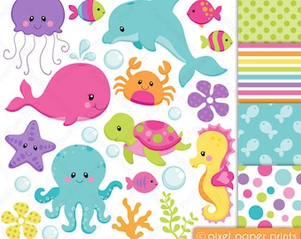 Sea animals for girls - Clip art and Digital paper set