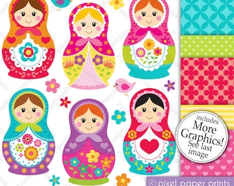 Matryoshka clipart - Nesting doll - Clip art and Digital paper set - Matryoshka