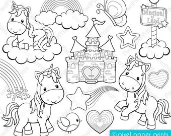 Unicorns and Rainbows Digital Stamps - Line Art