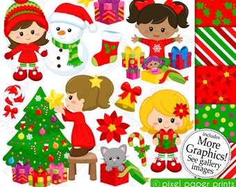 Christmas Girls - Christmas clipart - Clip Art and Digital paper set - Digital Download