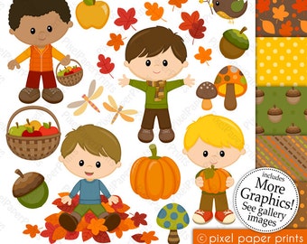 Puede incluir: Un conjunto de 38 ilustraciones digitales con temática otoñal que incluyen niños, calabazas, hojas, bellotas, setas y un pájaro. Las ilustraciones son de estilo de dibujos animados y son perfectas para crear manualidades, tarjetas y otros proyectos con temática otoñal.