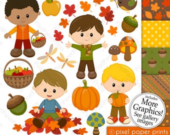 Autumn Boys - Fall Clipart - Clip Art and Digital paper set - Digital Download